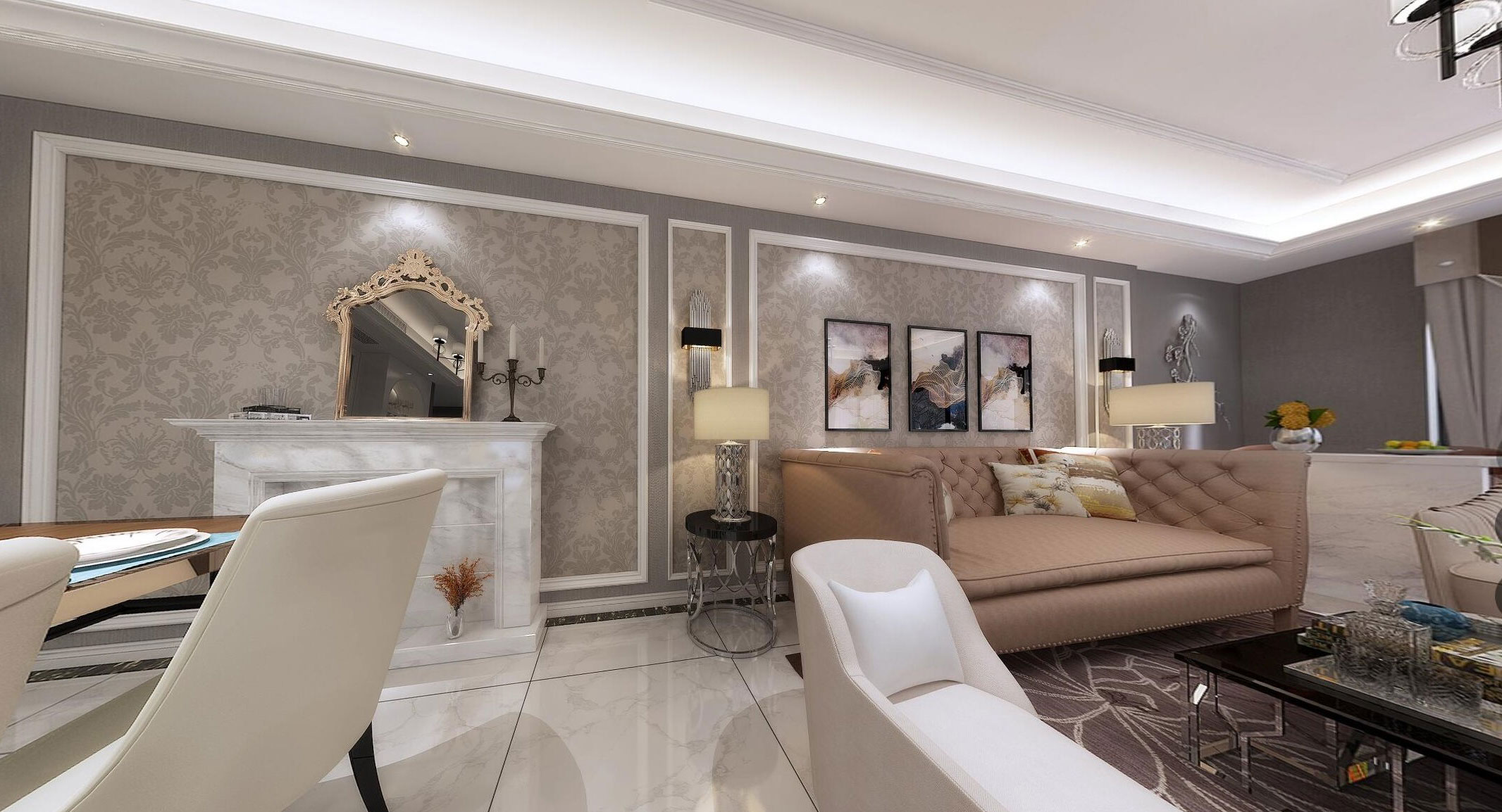 简欧风格三室两厅两卫装修设计效果图 家装案例