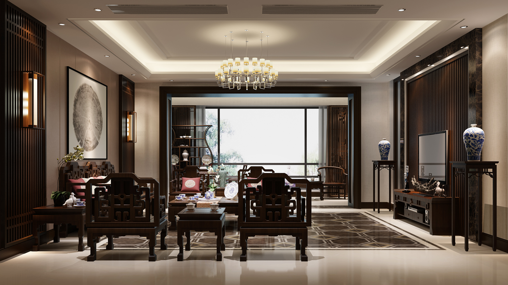 新中式风格大户型装修设计效果图 家装案例