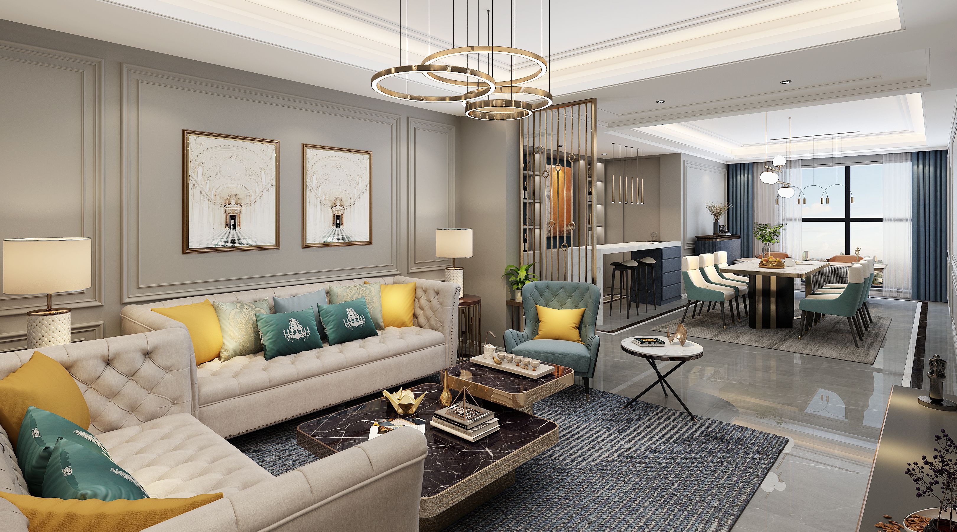 轻美式风格两室两厅装修设计效果图 家装案例