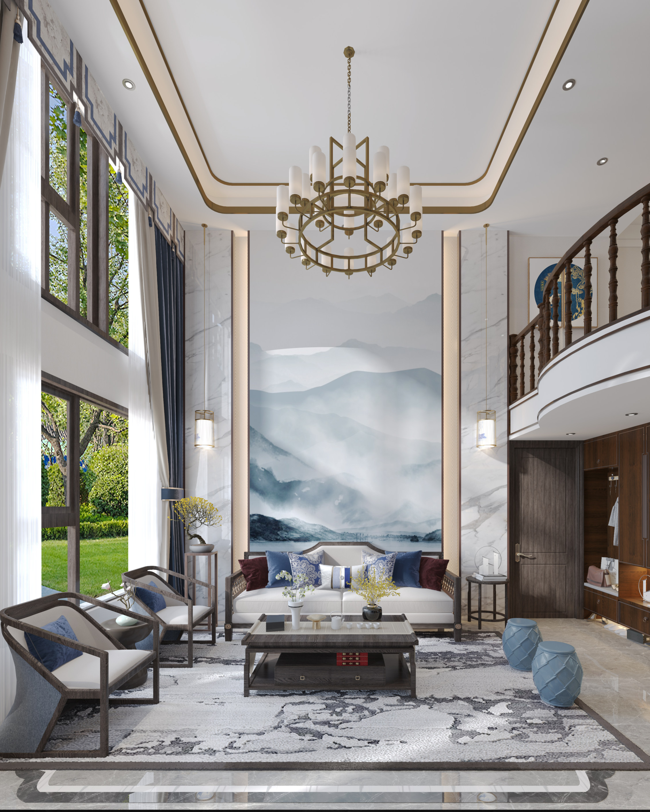 新中式风格别墅装修设计效果图 家装案例