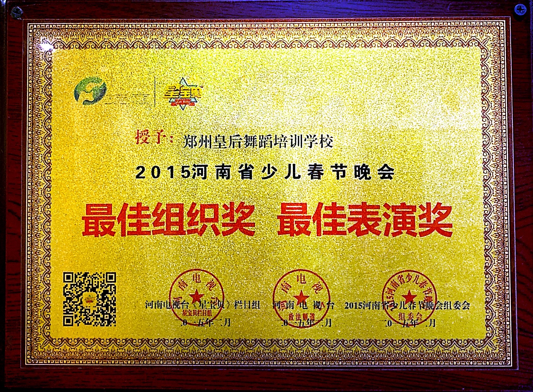 2015河南省少儿春节晚会"最佳组织奖""最佳表演奖"